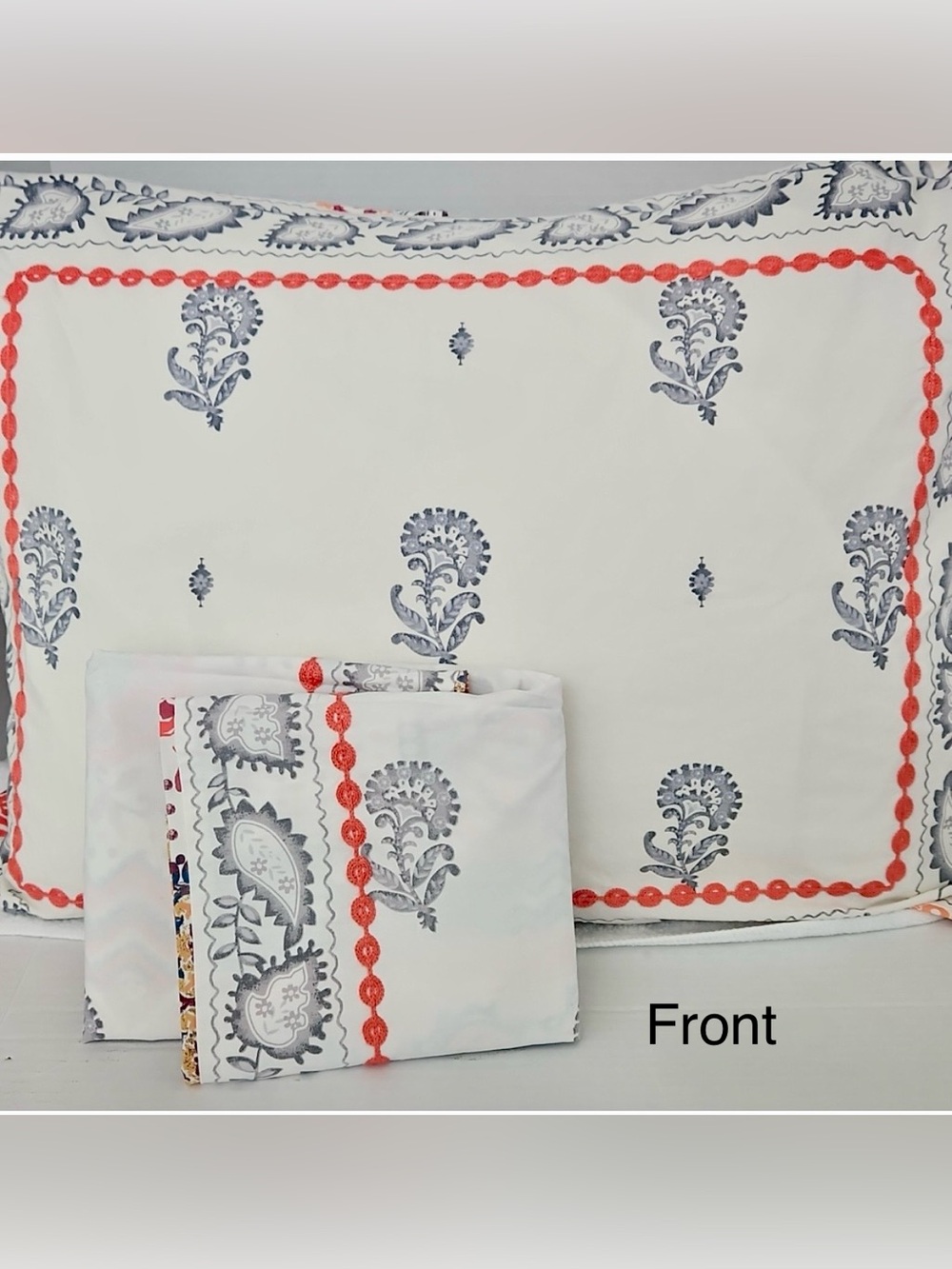 2  Anthropology Boho Pillow cover shams Gray Orange embroidered Cotton Standard - Picture 5 of 10
